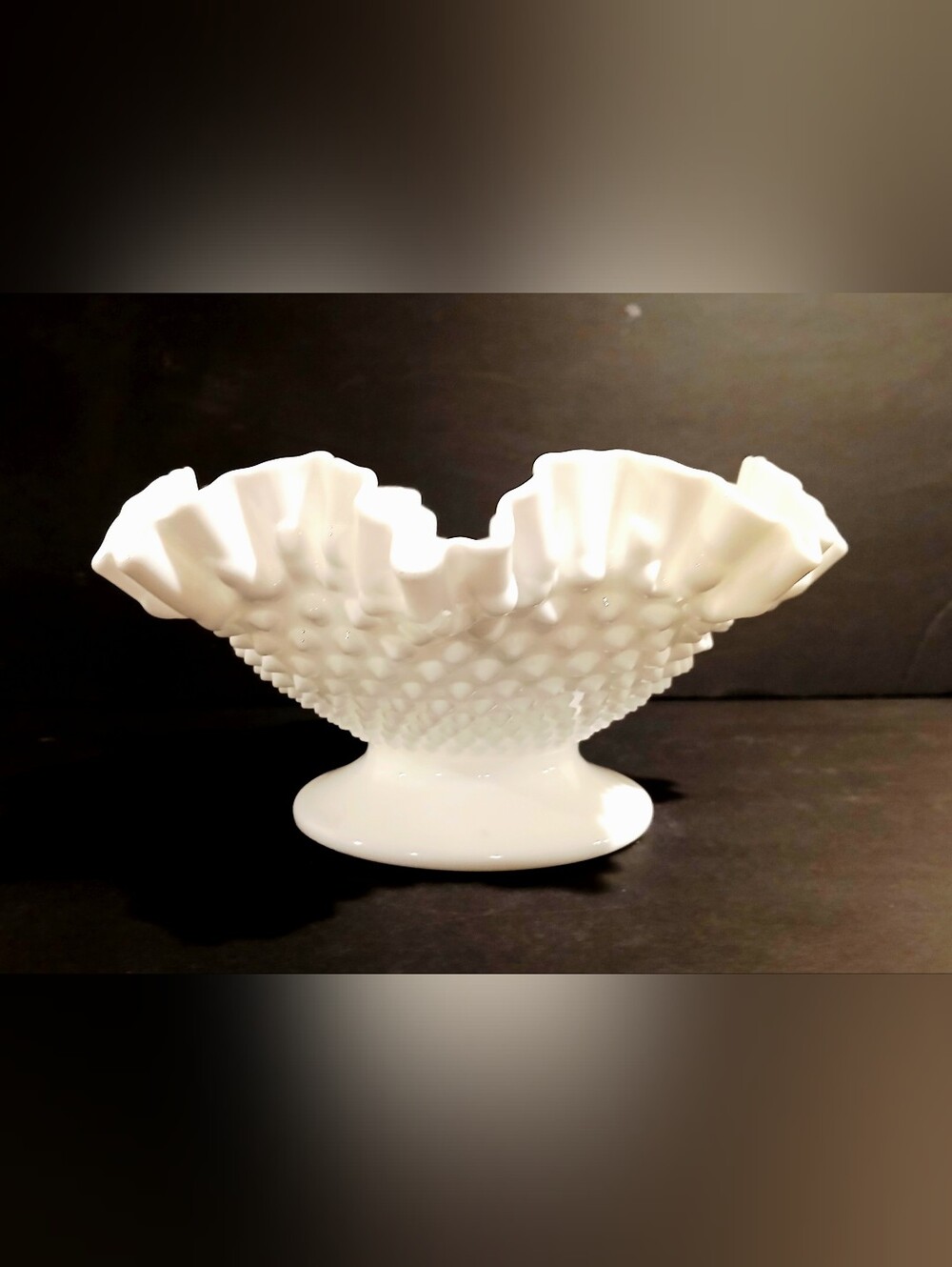 Vintage Milk Glass Hobnail Ruffled Pedestal Bowl - White